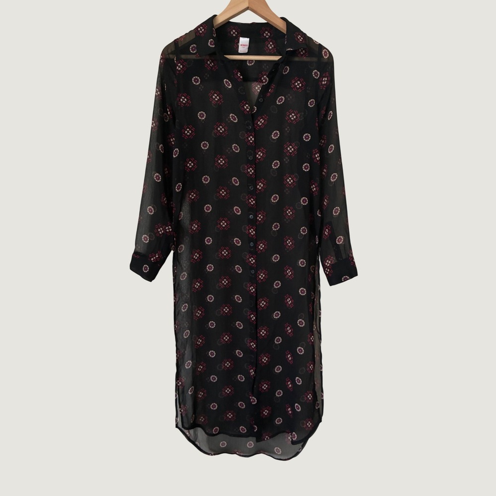 Bongo Black Sheer Geometric Print Duster Shirt Dress Grunge Boho Goth Small